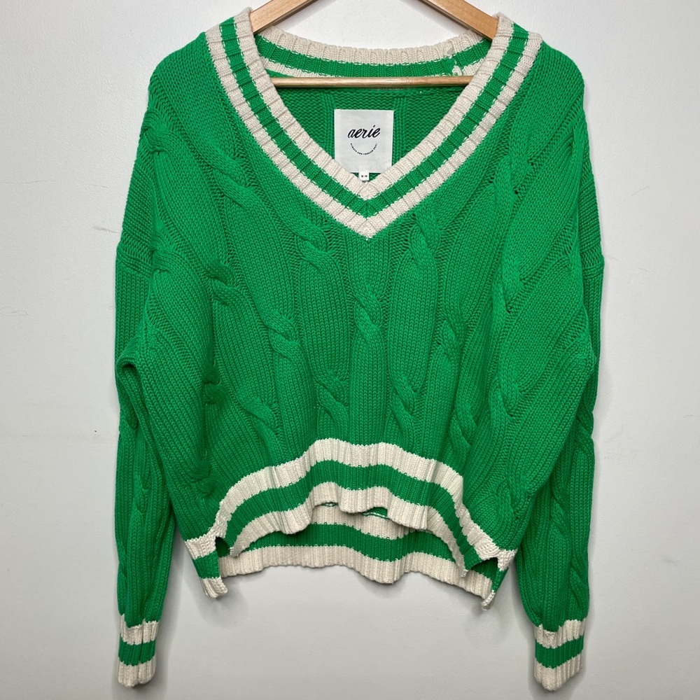 Aerie Varsity Academia Green Cable Knit Cotton V-Neck Sweater